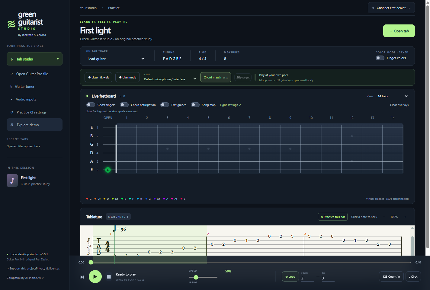 Green Guitarist Studio Windows app showing the First light study, fretboard, tablature, input controls and playback tools